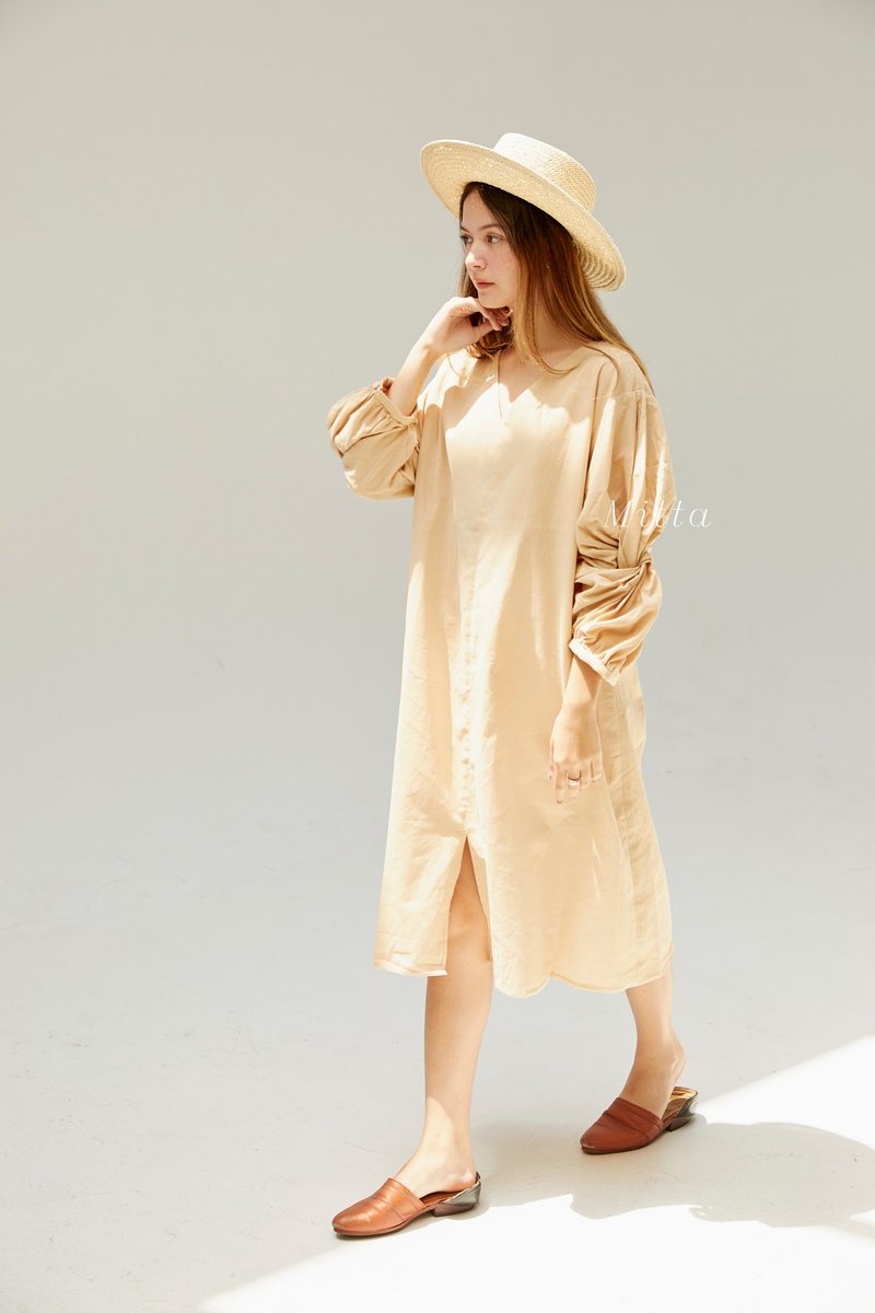 Fika dress - Women's dresses - long dress -long sleeved- Mitta - 洋装/连衣裙 - 亚麻 卡其色