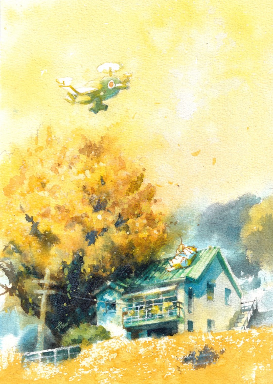 原画【小猫新仔浪游记 - 北投小屋空拍憩】 - 海报/装饰画/版画 - 纸 黄色