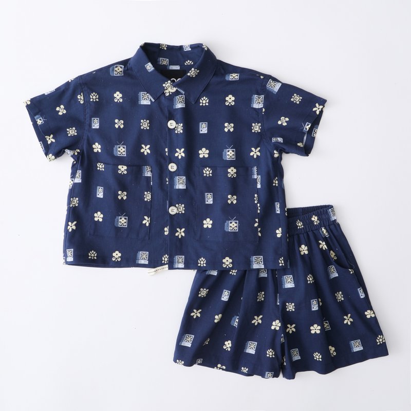 GOC Studio 亲子装童装 衬衫连裤套装 - 经典数码花花 - 童装上衣 - 棉．麻 蓝色