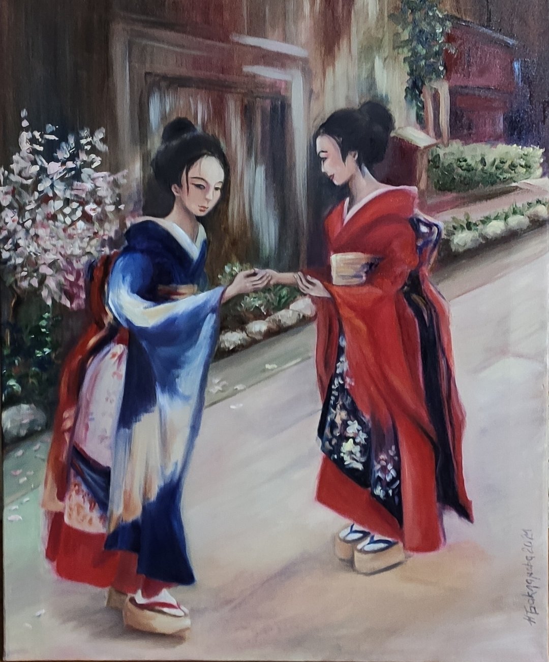 樱花盛开的城市墙面艺术原创绘画日本和服着装女性艺术 - 墙贴/壁贴 - 其他材质 红色