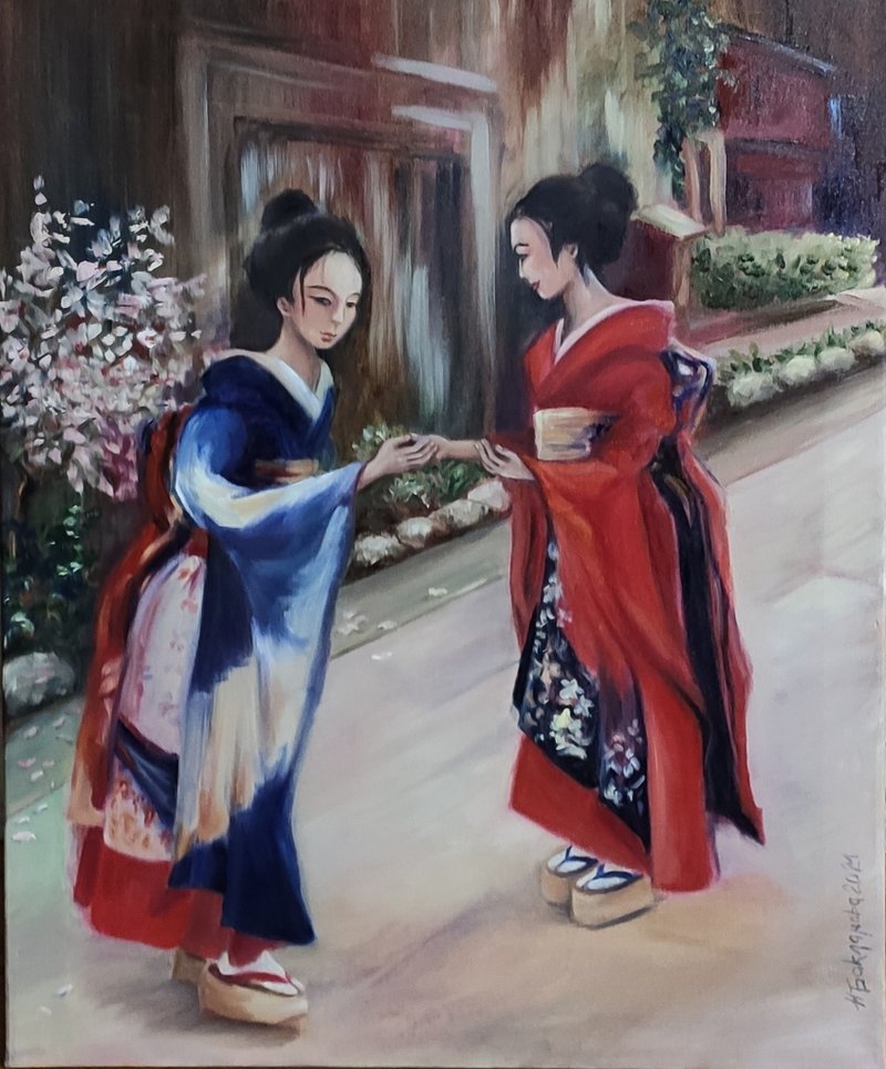 樱花盛开的城市墙面艺术原创绘画日本和服着装女性艺术 - 墙贴/壁贴 - 其他材质 红色