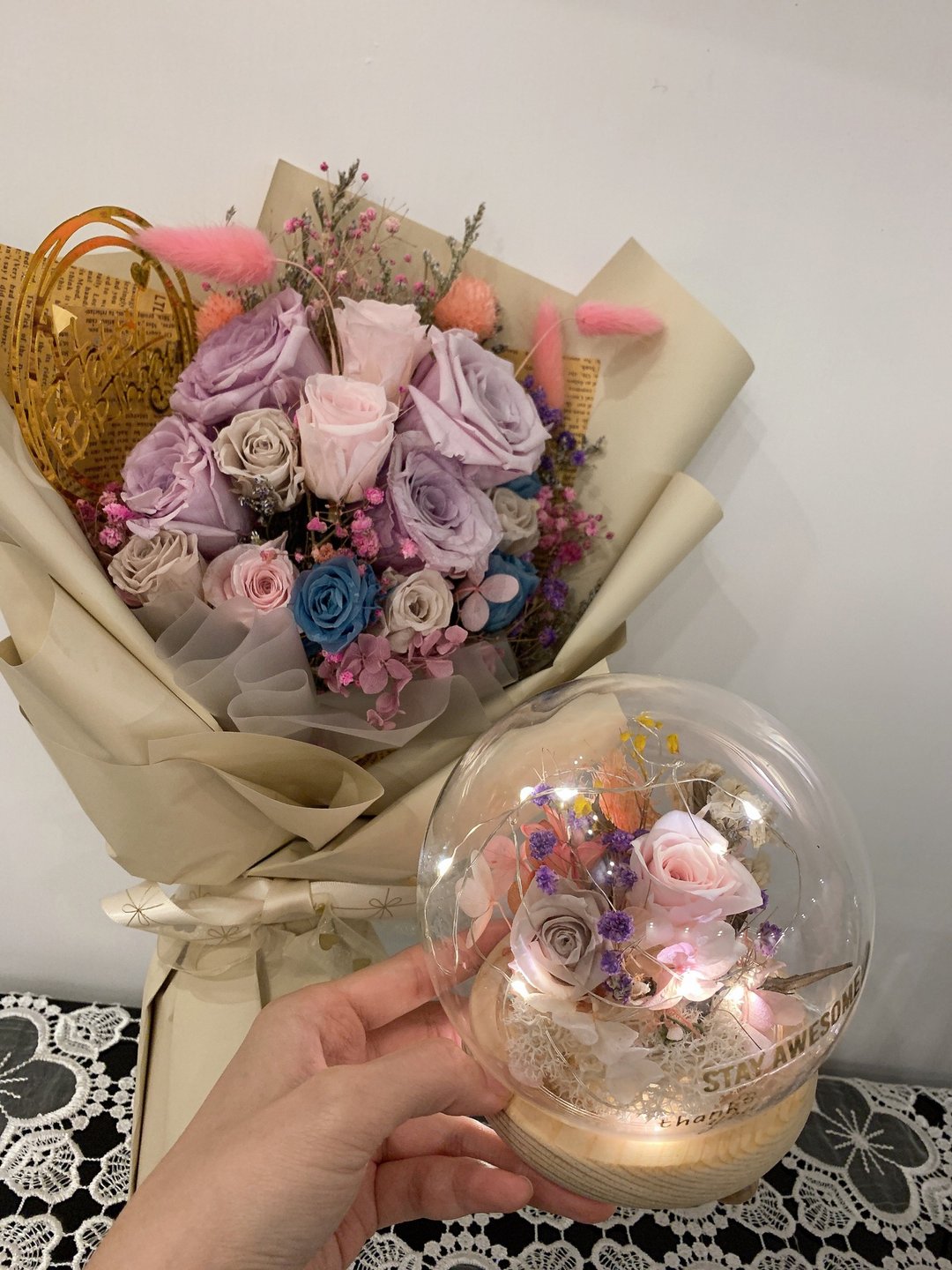 永生花 干花 花束 可加灯 母亲节 生日 周年纪念 礼物 - 干燥花/捧花 - 植物．花 粉红色