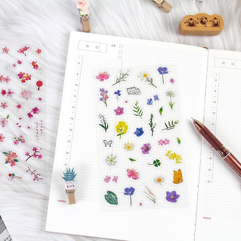 Chuyu 手帐贴纸/手帐装饰素材/DIY装饰/透明造型贴纸/清新花草 - 贴纸 - 纸 多色