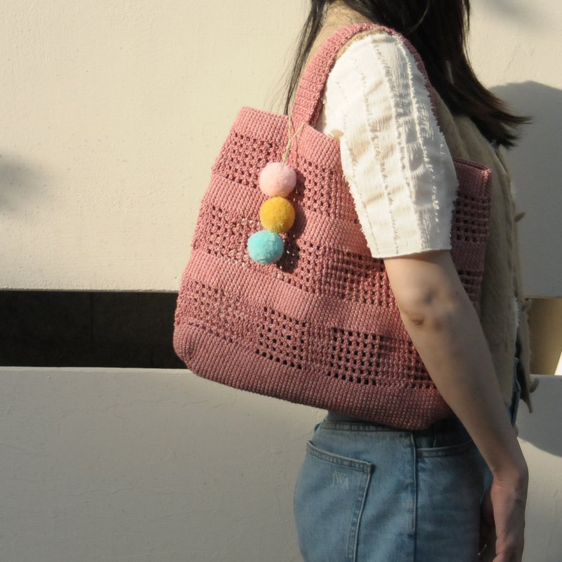 樱花丸丸手提亚麻绳编织包/亚麻绳编织编织/侧背 - 手提包/手提袋 - 棉．麻 粉红色