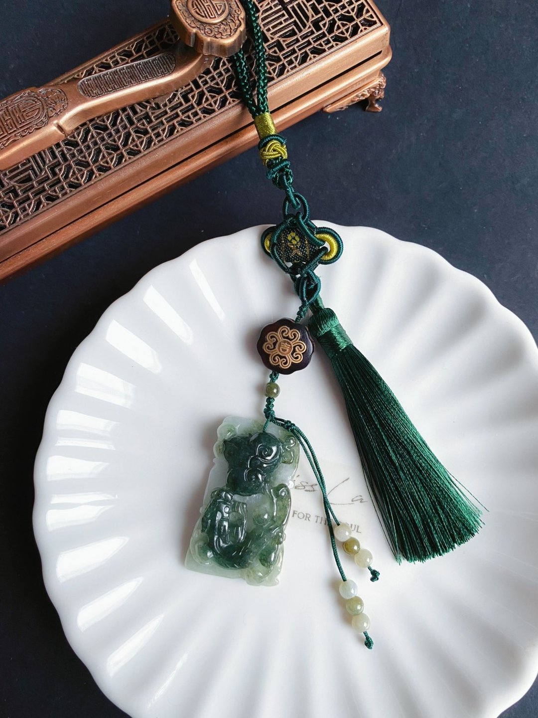 天然缅甸玉 翡翠 螭龙 如意 一叶致富 发财 包挂 礼物 车挂 - 吊饰 - 玉石 绿色