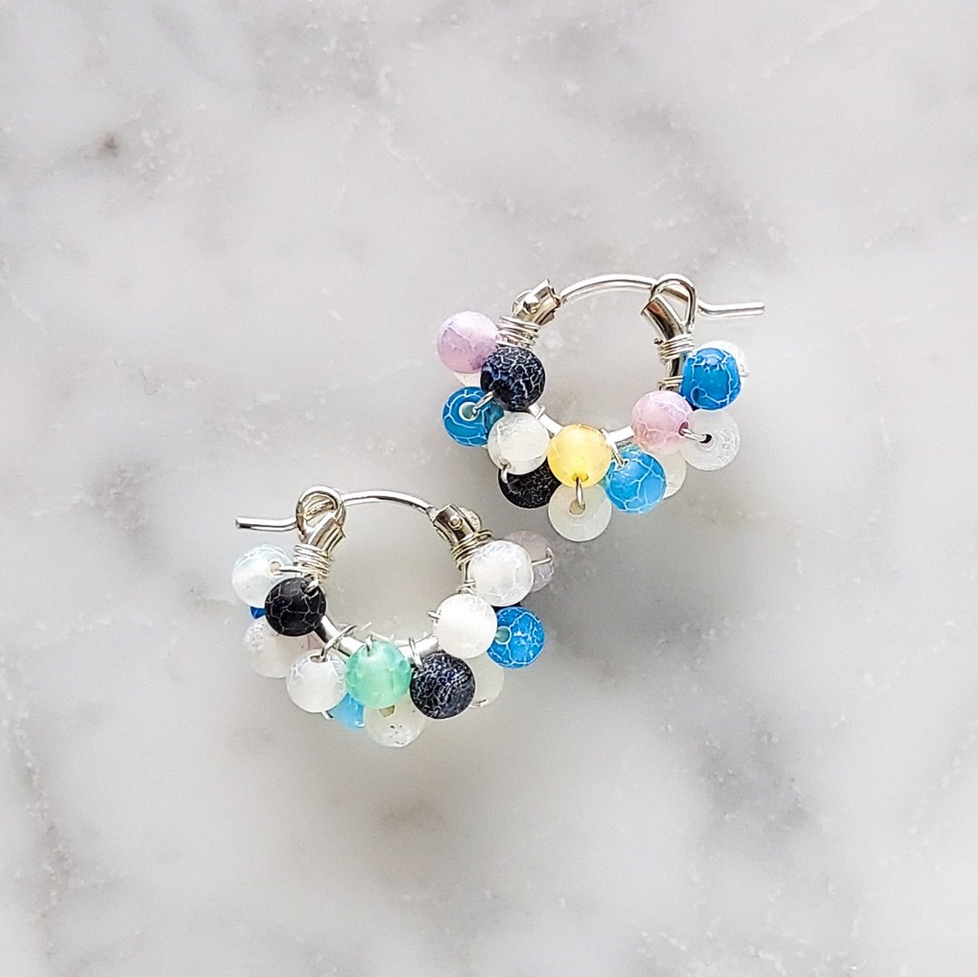 SV925SF mix Agate wrapped hoop pierced earring / earring BLU - 耳环/耳夹 - 宝石 多色