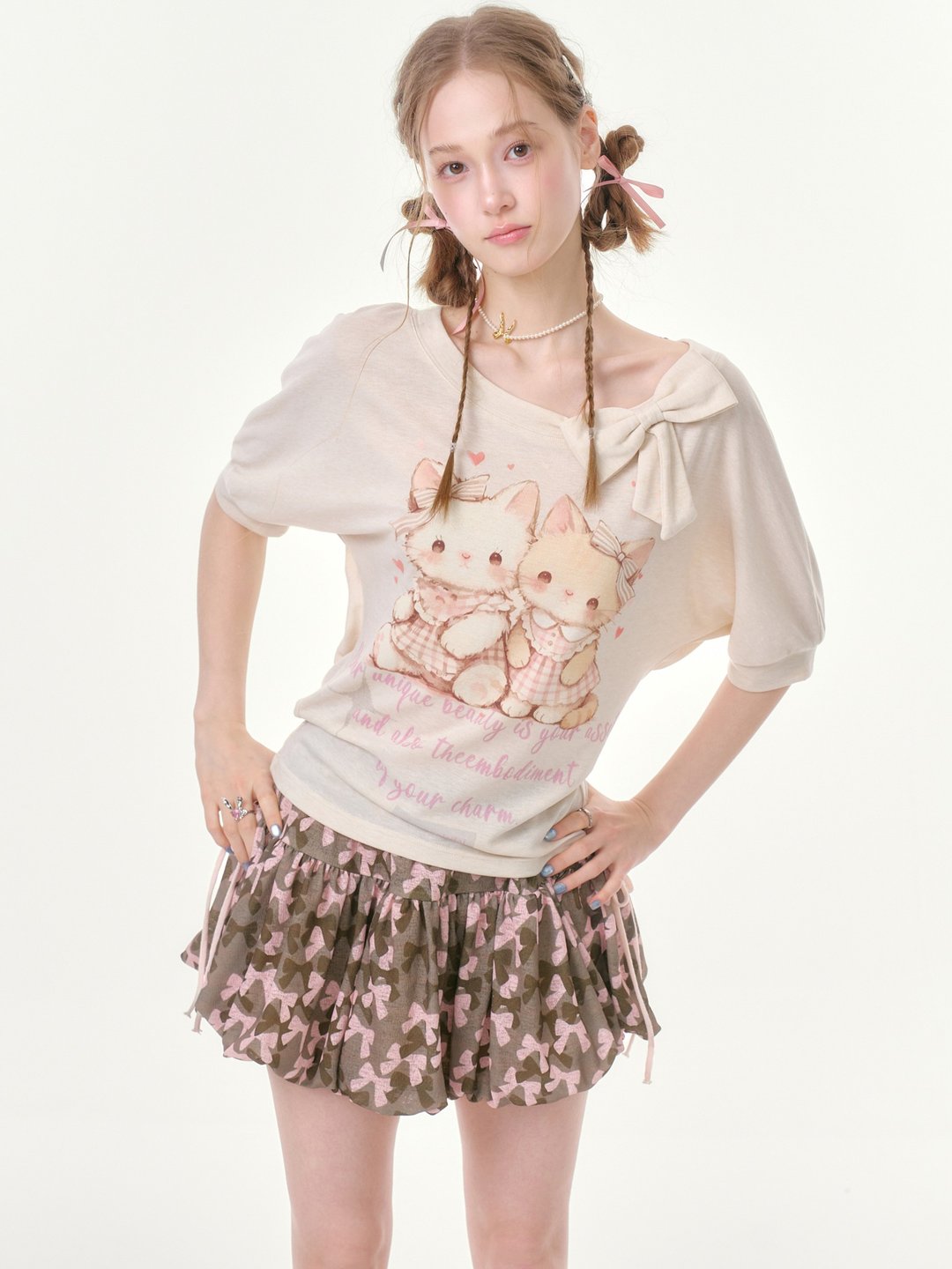 ziziFei''俏皮萌猫''夏猫咪印花蝴蝶结短款修身上衣杏色短袖t恤女 - 女装 T 恤 - 其他材质 