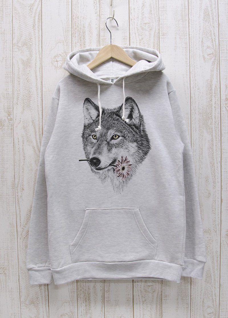 ronronWOLF Hoodie Here you go Heather White / R027-P-HWH - 中性连帽卫衣/T 恤 - 棉．麻 白色