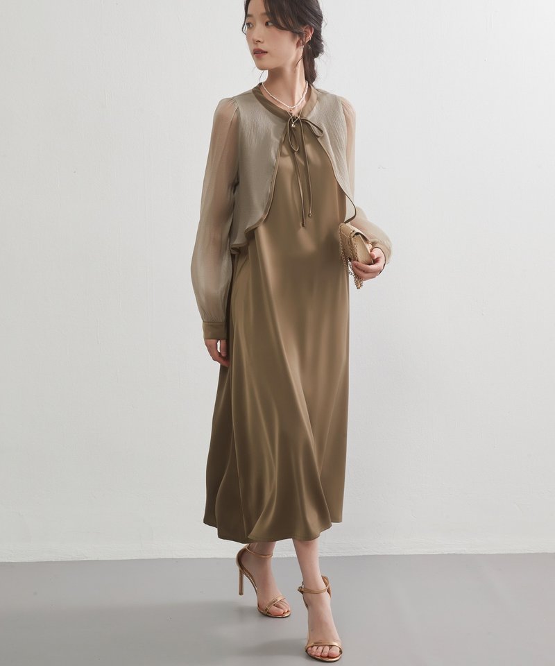 透明长袖短上衣连身裙套装，幼儿园入学典礼，学校入学典礼，宽松优雅连身裙 - 洋装/连衣裙 - 聚酯纤维 卡其色