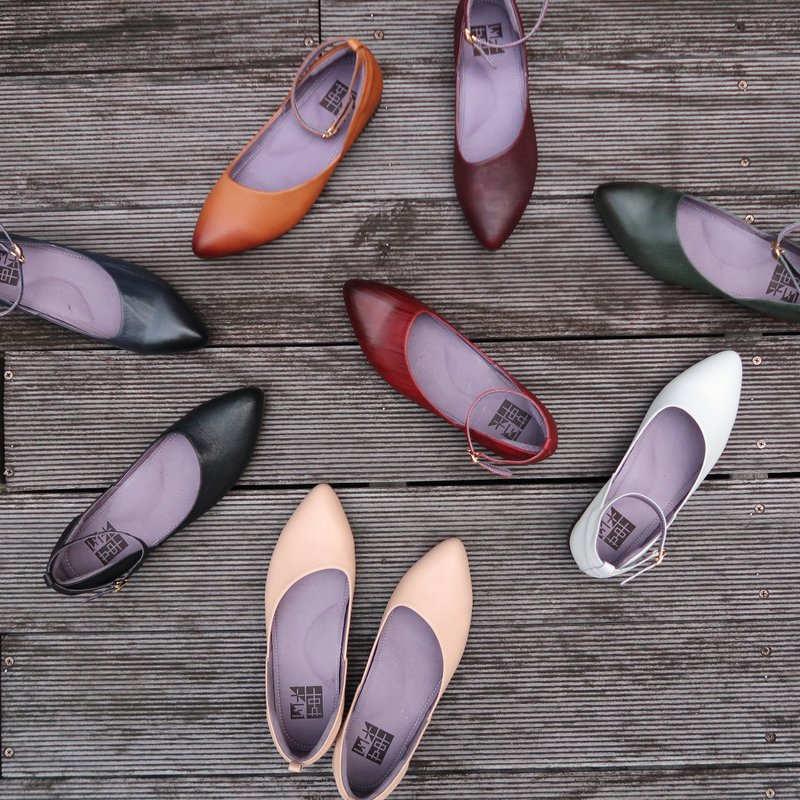 【45度斜裁女王】两穿全真皮小木跟斜片剪裁流线绕带尖头平底鞋奥 - 女款休闲鞋 - 真皮 咖啡色