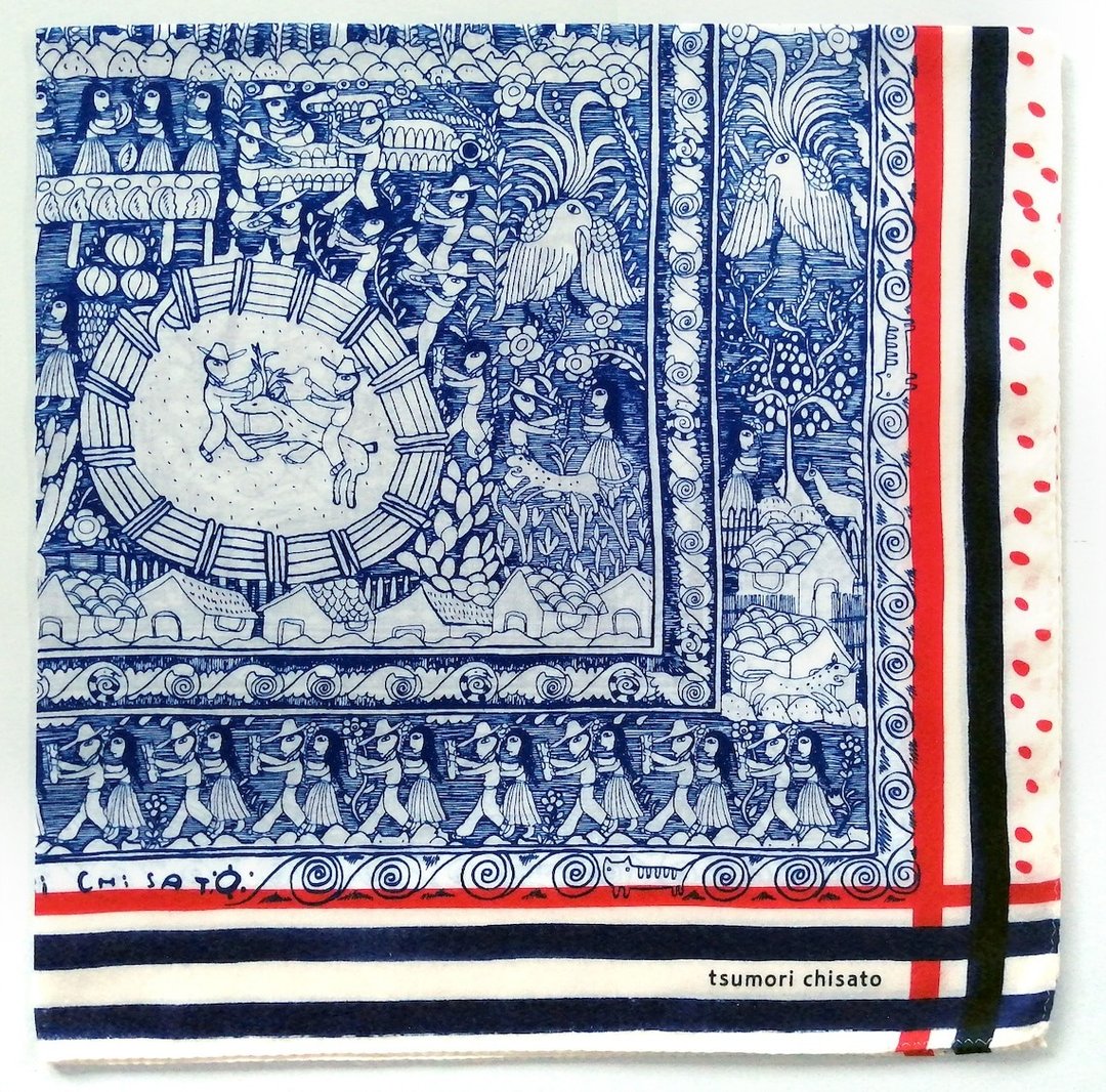 Tsumori Chisato 复古手帕农民橙色农场鸟类鹿 23 x 23 英寸 - 丝巾 - 棉．麻 蓝色