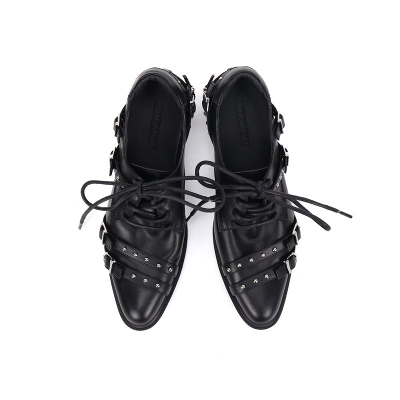 notdetailed原创 暗黑风绑带铆钉单鞋 粗跟拼接小皮鞋 - 女款休闲鞋 - 真皮 