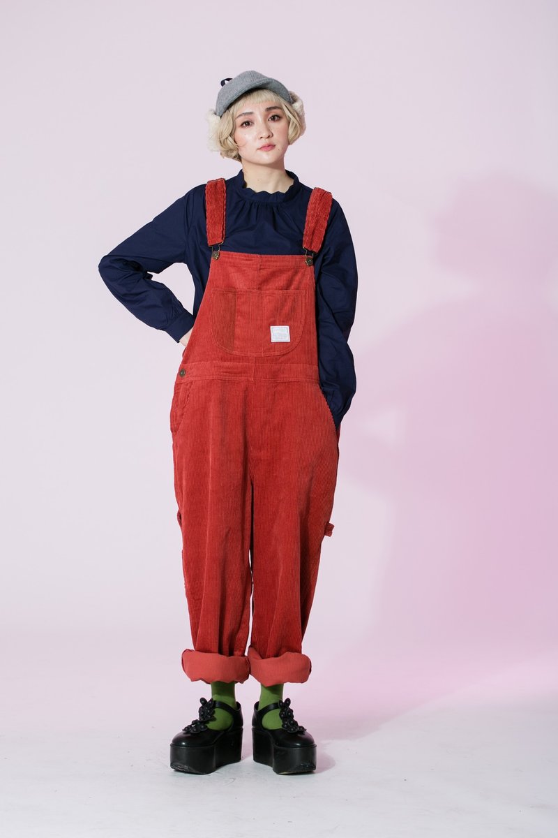 :EMPHASIZE灯芯绒工作感宽松吊带裤-橘色 - 背带裤/连体裤 - 其他材质 橘色