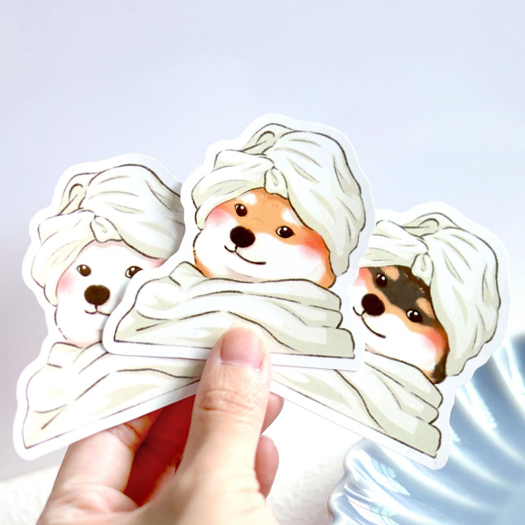 洗澡柴柴 防水贴纸 柴犬迷因 柴柴 可爱 原创插画 - 贴纸 - 纸 白色