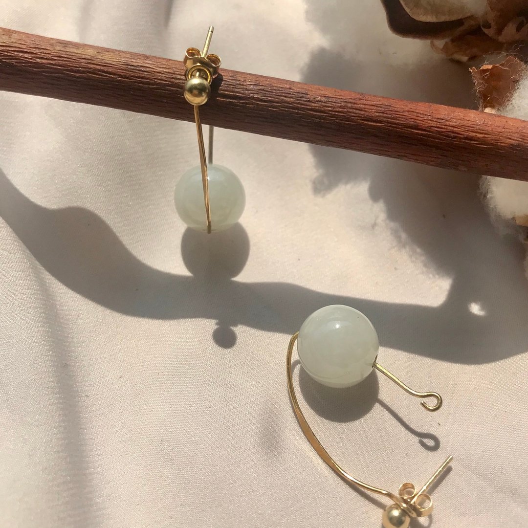 白玉珠系列。白翡翠银饰耳环 jade jewelry earring - 耳环/耳夹 - 银 白色