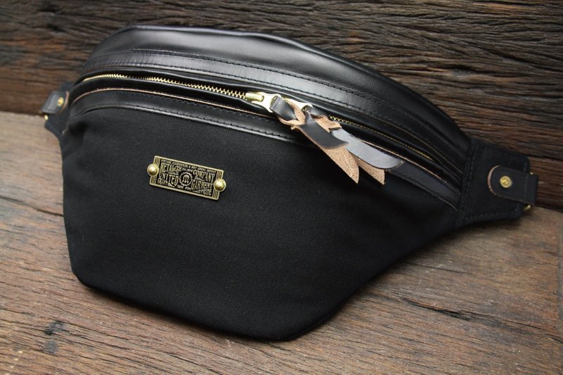 【METALIZE】60/40厚帆布牛皮腰包(黑色) - 侧背包/斜挎包 - 真皮 黑色