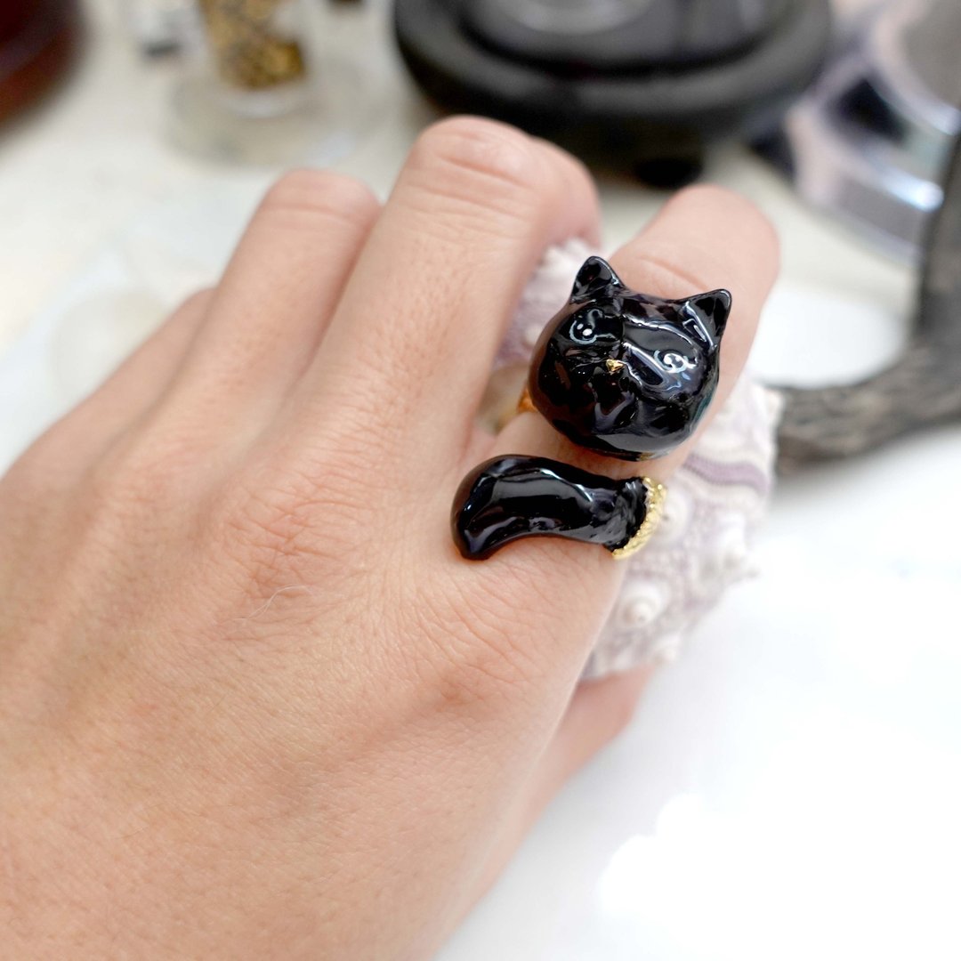 联乘合作款手绘全黑猫花猫黄铜18K镀真金彩绘珐琅开口戒指 宠物控 - 戒指 - 铜/黄铜 黑色