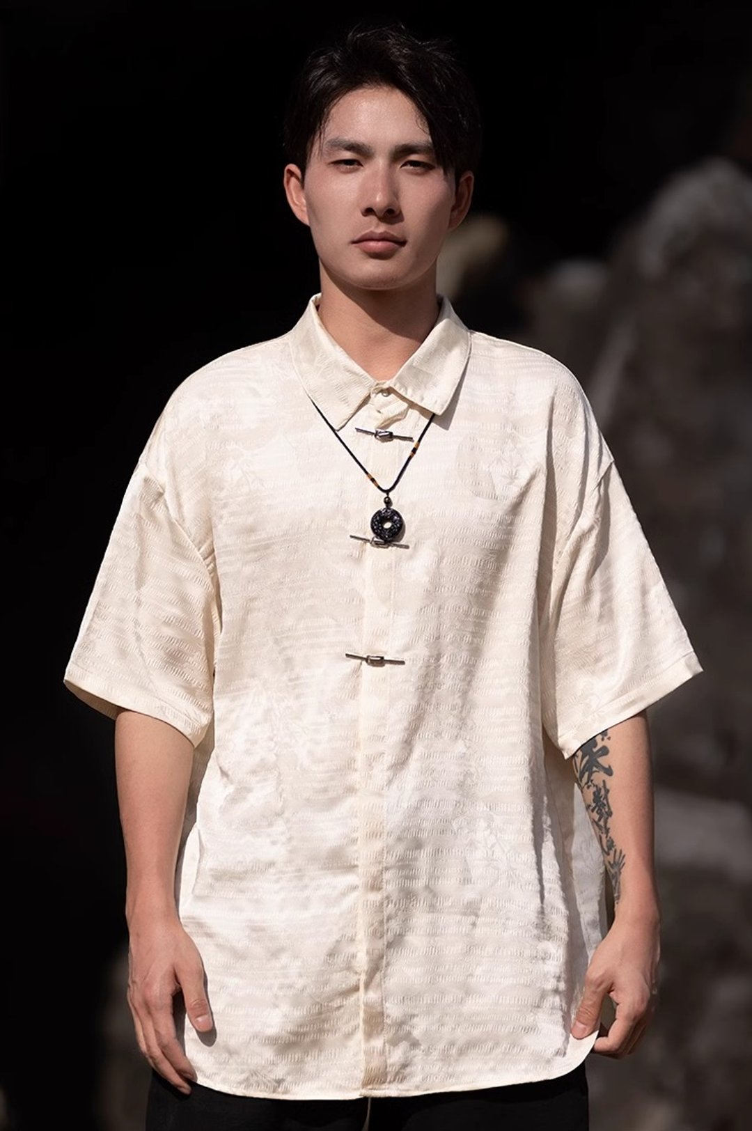 新中式复古 极简翻领短袖衬衫 - 男装衬衫 - 其他材质 白色