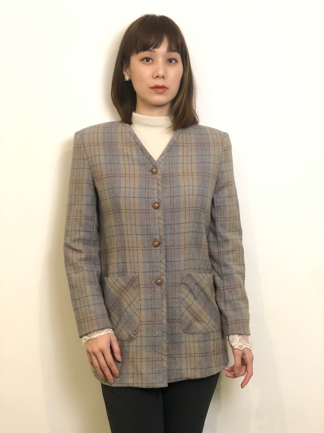 细格纹无领外套 - 女装休闲/机能外套 - 其他材质 