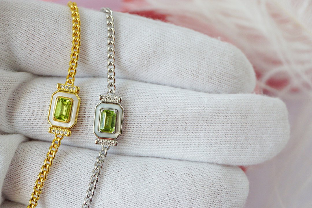 Natural Peridot Bracelet Silver 925 - 手链/手环 - 纯银 绿色