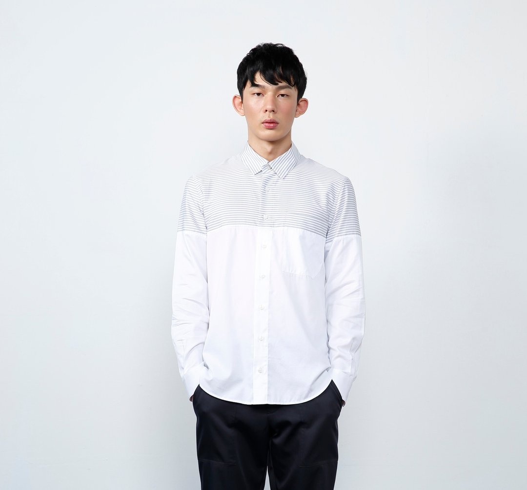 【高质感面料】条纹长袖剪接男衬衫-灰 - 男装衬衫 - 其他材质 灰色
