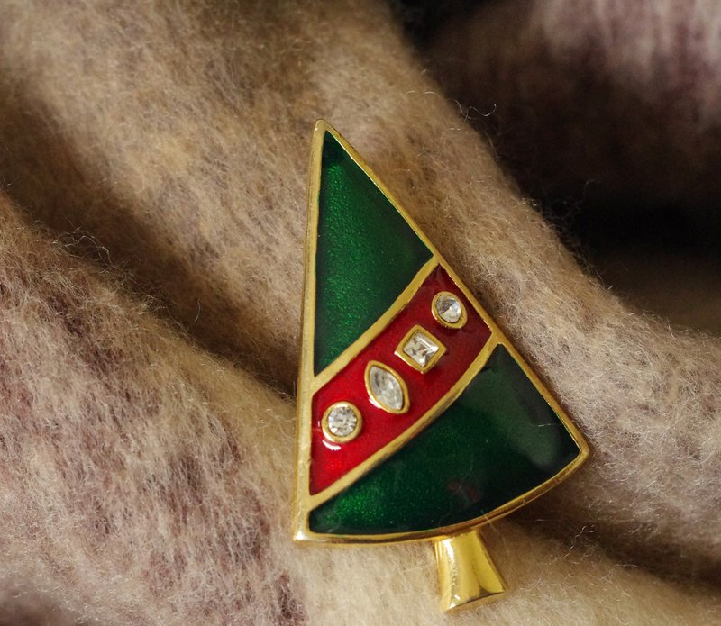 古董圣诞节圣诞树红绿珐琅莱茵石别针胸针b2002 - 胸针 - 其他金属 金色