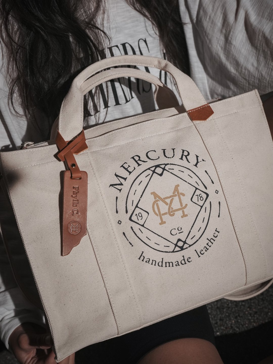 Mercury米白/黑色 正面logo 厚帆布时尚包 皮吊牌定制烙印 - 侧背包/斜挎包 - 棉 