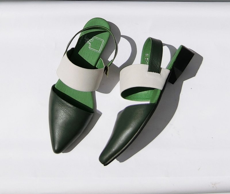 画儿#8055|| 小牛皮尖头低跟鞋 夏葩三角棉花糖 橄榄油绿   || - 女款休闲鞋 - 真皮 绿色