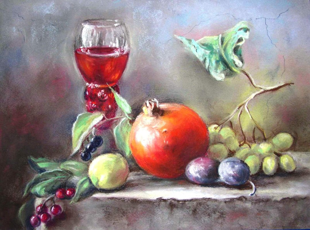 Pomegranate Painting Pastel Fruit Original Art Food Artwork Kitchen Still Life - 海报/装饰画/版画 - 颜料 多色