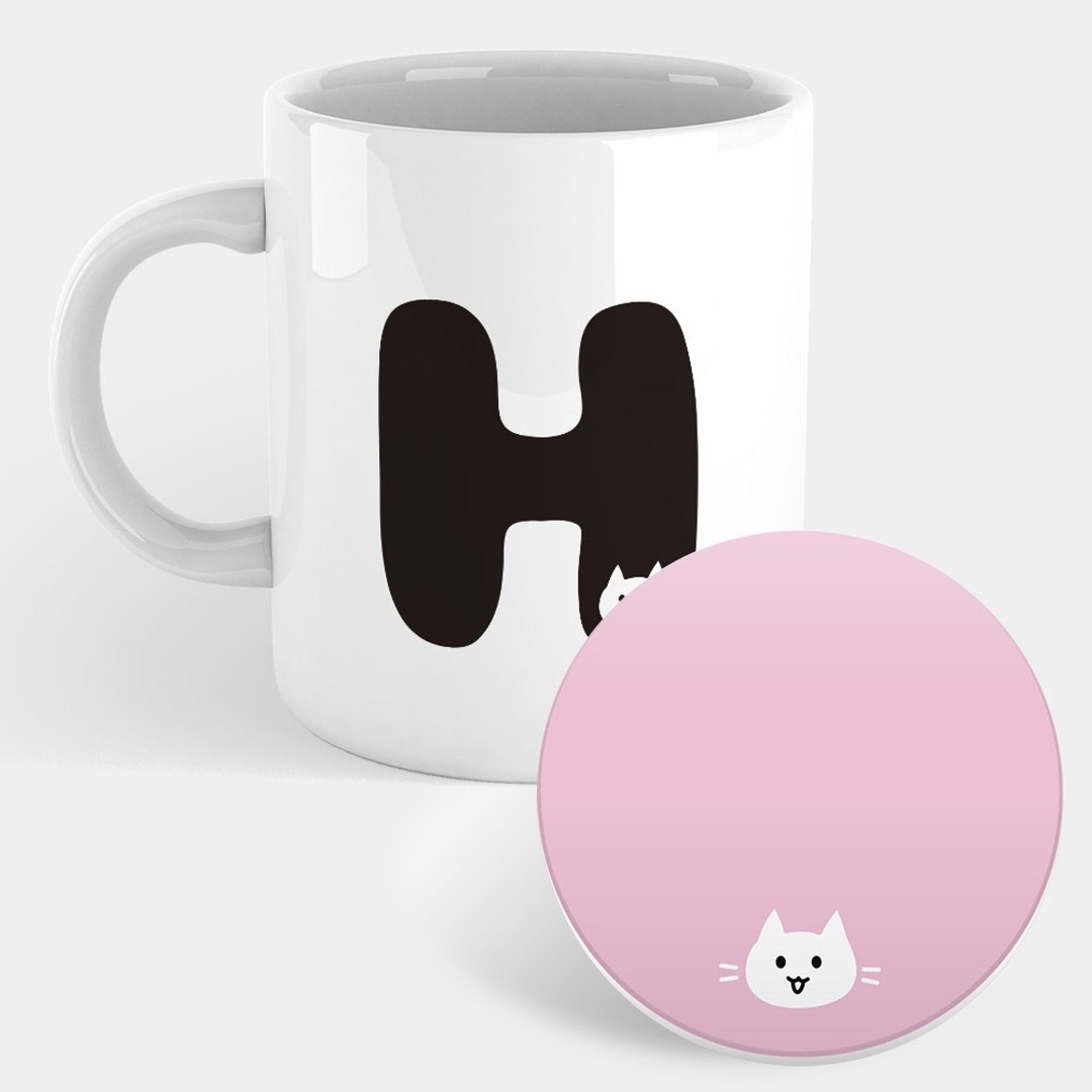 猫咪 喵星人 英文字母 H 马克杯 杯垫 PU034 - 咖啡杯/马克杯 - 瓷 白色