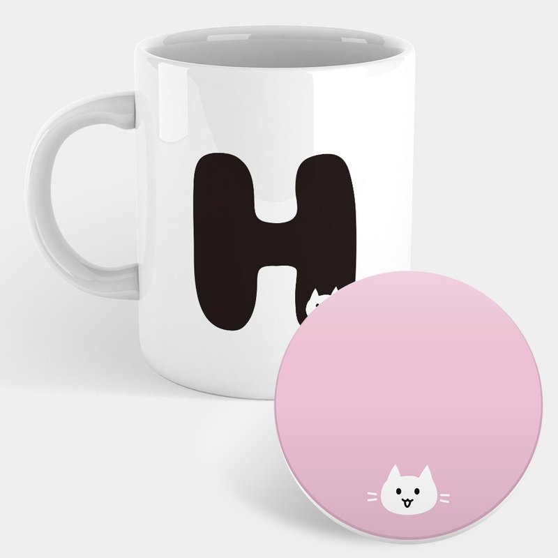 猫咪 英文字母H 马克杯 杯垫 PU034 - 咖啡杯/马克杯 - 瓷 白色