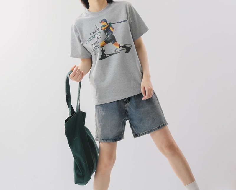 【棒球主题】美式复古 90年代印花/棉质休闲T恤 - 女装 T 恤 - 棉．麻 灰色