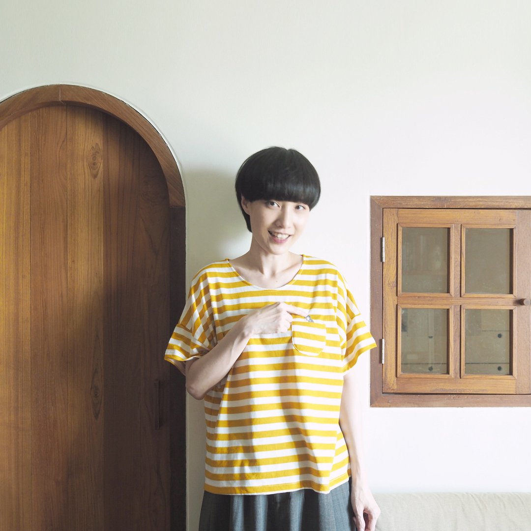 jumping cat striped t-shirt : yellow × white - 女装 T 恤 - 聚酯纤维 黄色