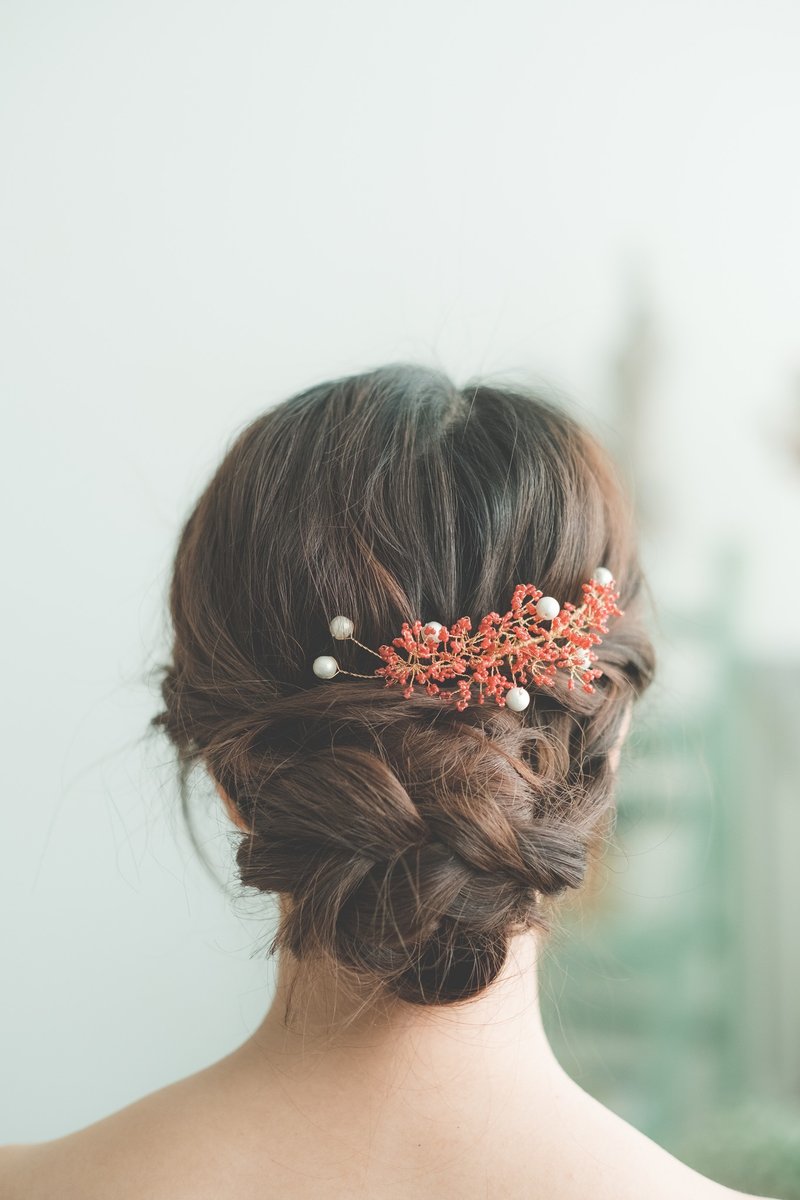 Babys Breath Hair Pin (Red)/ 新娘头饰/订制饰物/手制饰物 - 发饰 - 珍珠 红色