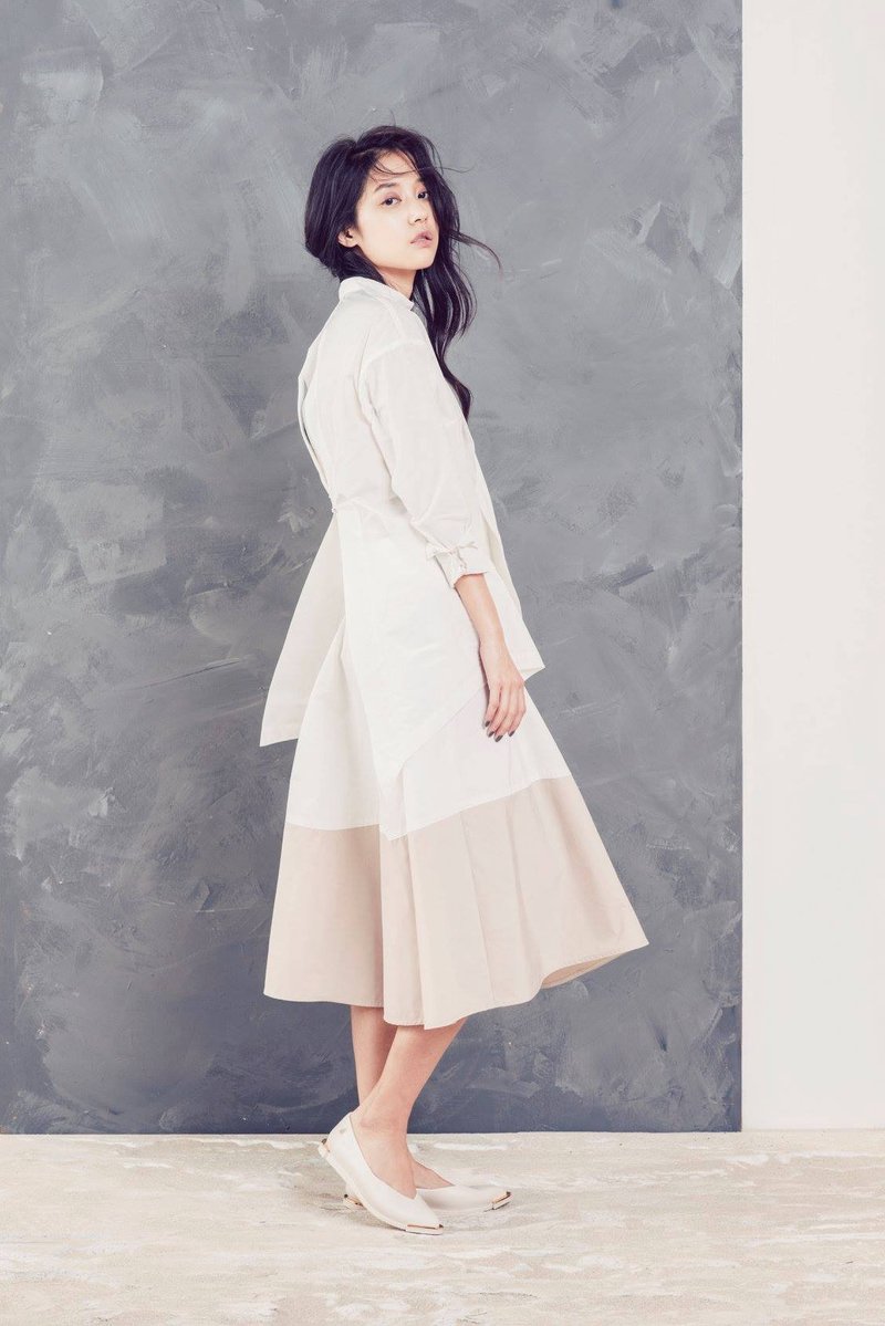 拚接半圆裙−白&肤杏/黑 - 裙子 - 其他材质 