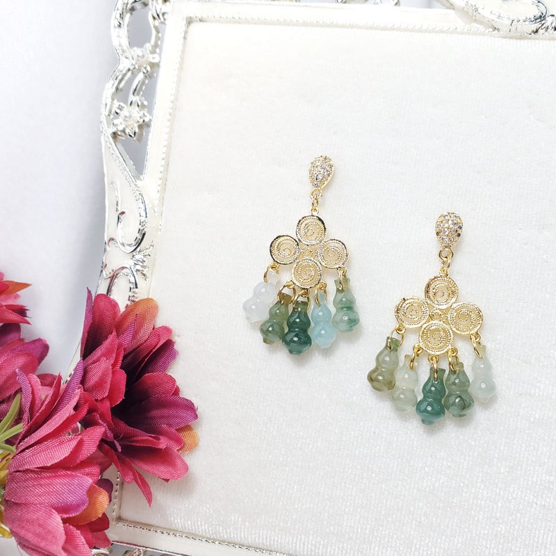 天然 A货 冰种 翡翠 起萤 飘花 葫芦 福禄满门 富贵 耳环 单品 - 耳环/耳夹 - 宝石 绿色