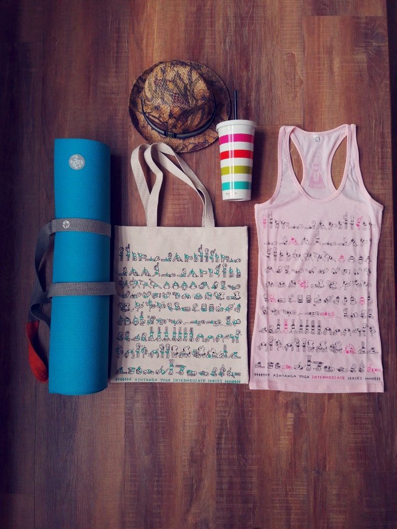 二级限定组合特价！ 完整八肢猫二级动作瑜珈帆布袋(绿)+八肢猫Amie二级粉色瑜珈练习背心(M号) Yoga Tote+Tank - 侧背包/斜挎包 - 棉．麻 粉红色