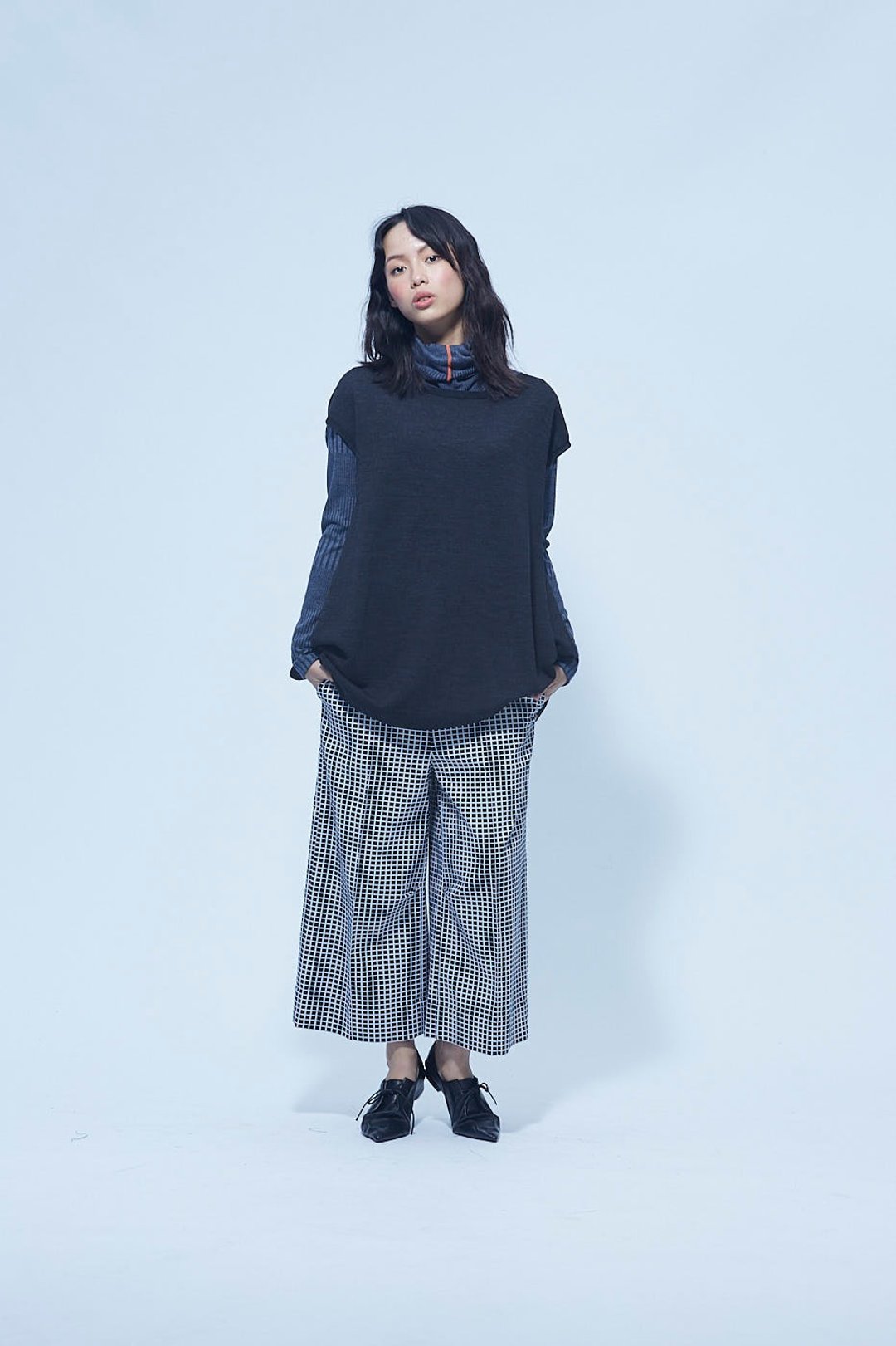 Light Collection _ 黑格中宽版拼接裤 - 女装长裤 - 棉 