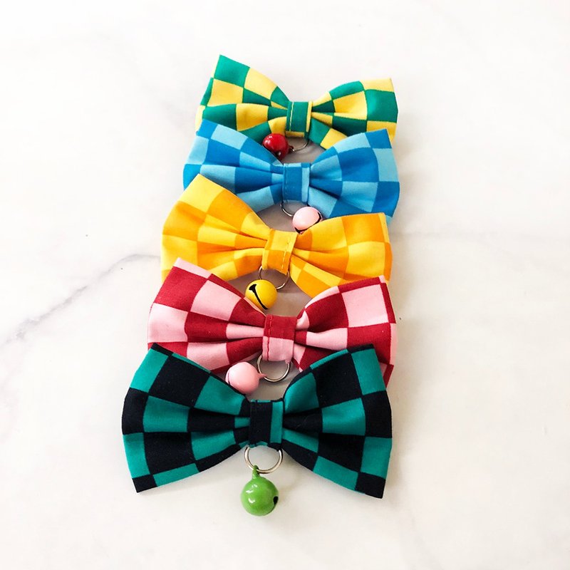 双色格子款 蝴蝶结宠物装饰项圈 猫咪 小型犬 迷你犬 - 项圈/牵绳 - 棉．麻 