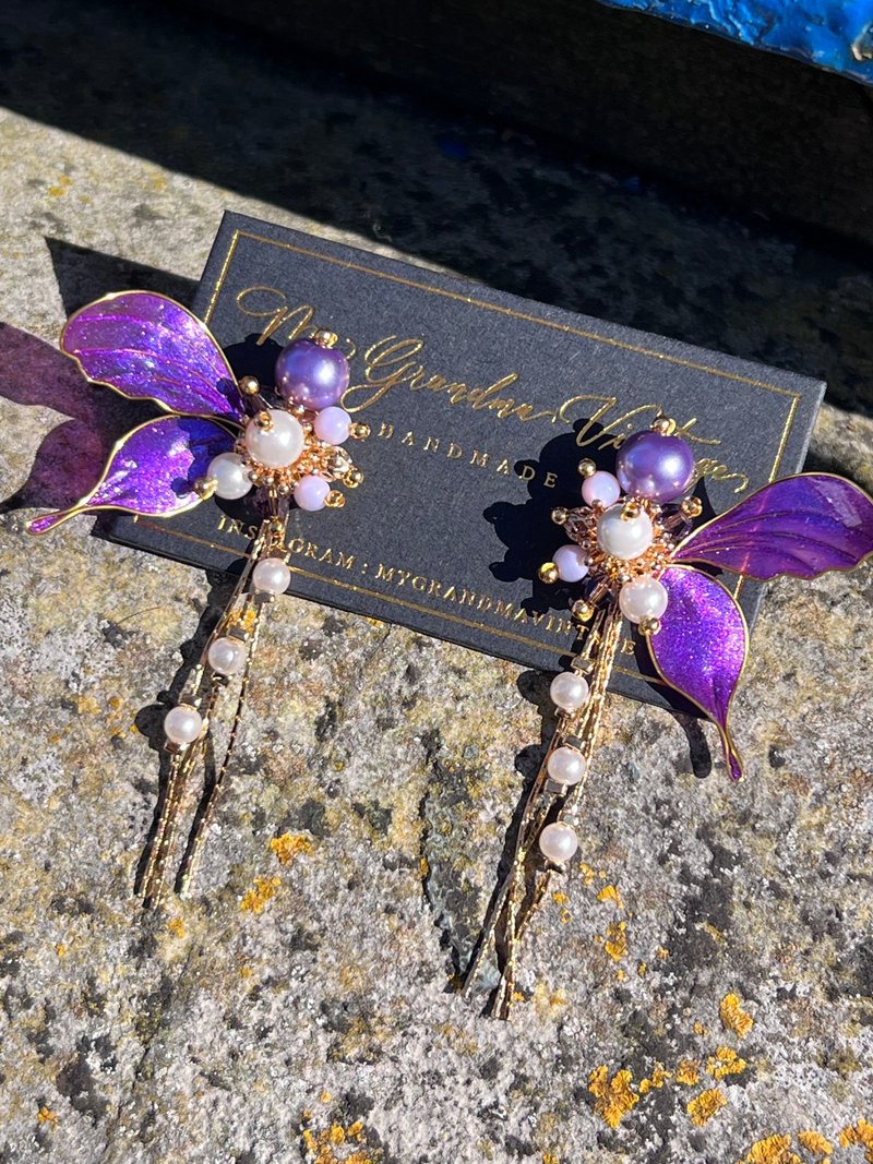 独家货品  UV胶2ways蝴蝶耳环 耳环 礼物 手作耳环 - 耳环/耳夹 - 塑料 紫色