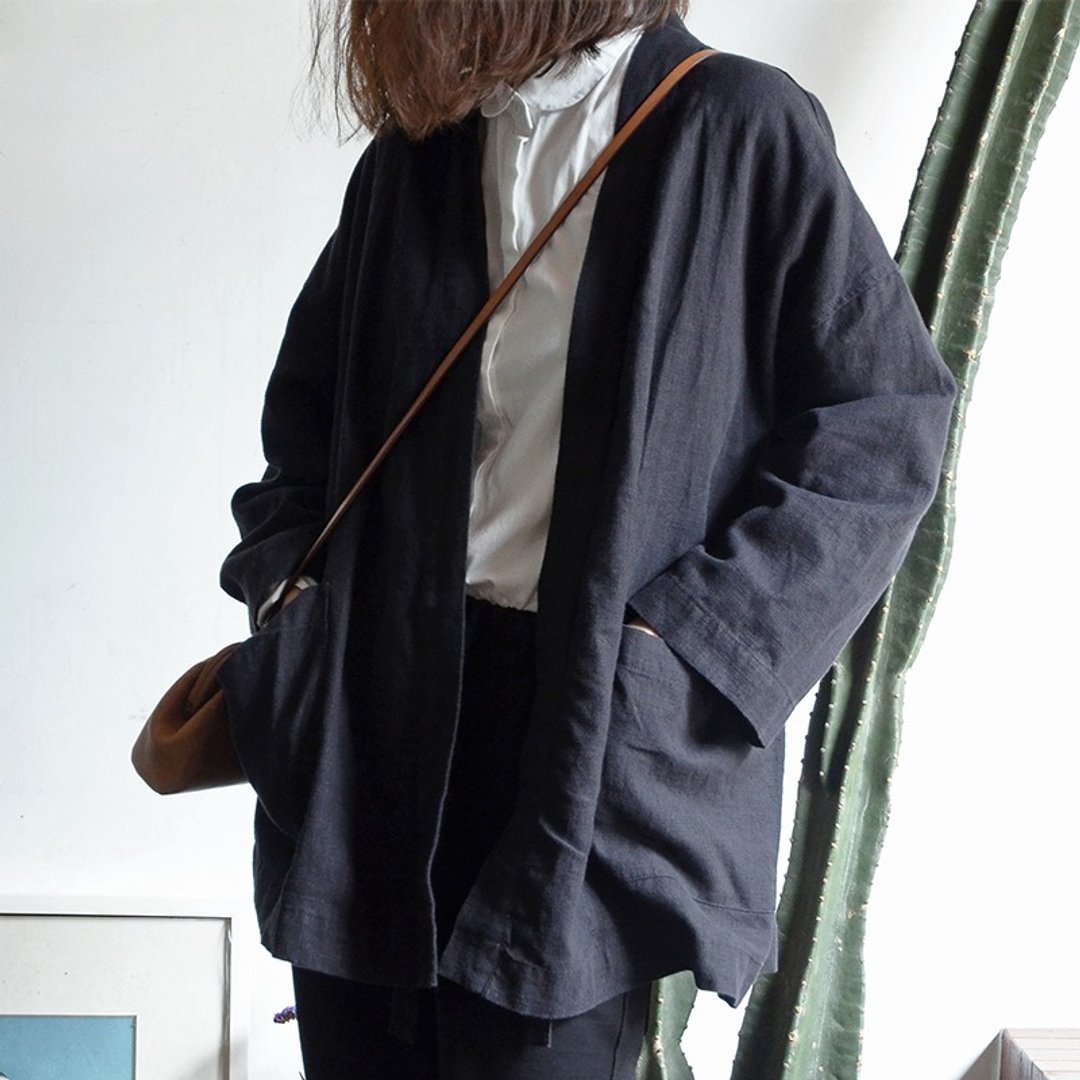 日式和风外套|外套|苎麻|独立品牌|Sora-54 - 女装休闲/机能外套 - 棉 黑色