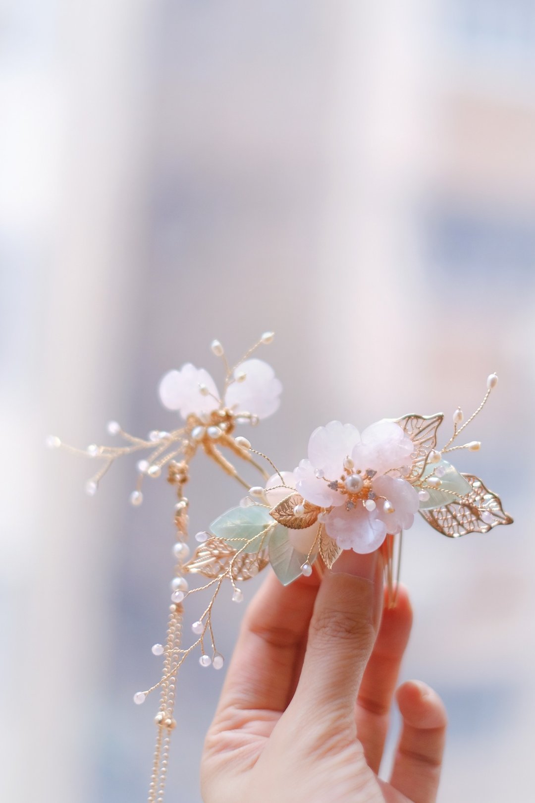 古典琉璃新娘头饰Bridal Headpiece,中式头饰,粉晶头饰,旗袍头饰 - 发饰 - 玉石 粉红色