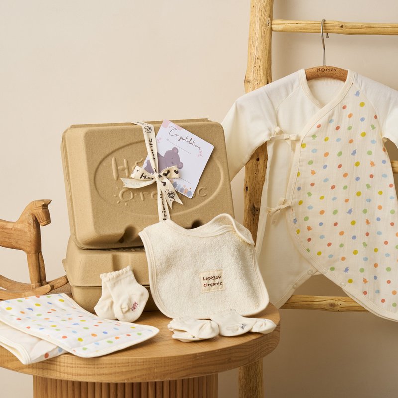 新生儿有机棉弥月礼盒・点点鸟蝴蝶衣安心4件组_HomeyOrganic - 满月礼盒 - 环保材料 多色