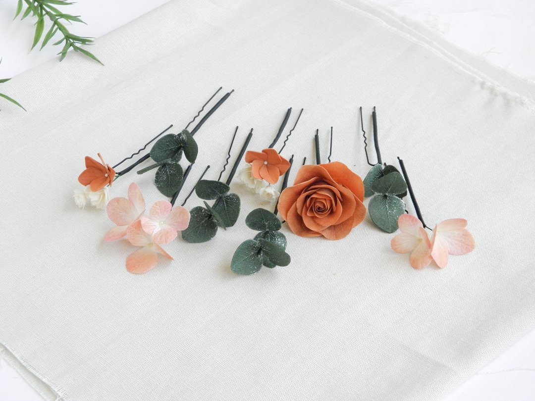 Terracotta wedding hair pins Flowers bridal hair piece - 发饰 - 其他材质 橘色