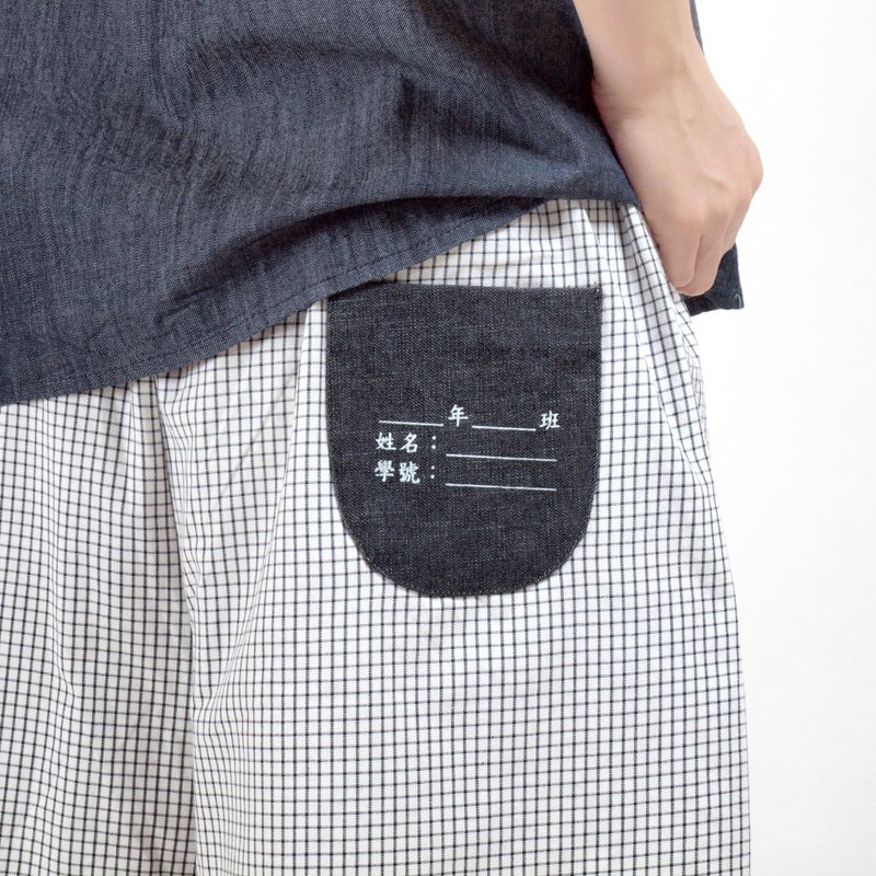 _年_班口袋拼接格纹宽裤-蓝格纹 - 女装长裤 - 棉．麻 蓝色