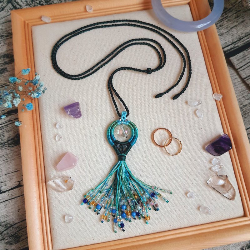 N035-手工编织项链 渐层 水晶 串珠流苏 - 项链 - 尼龙 绿色