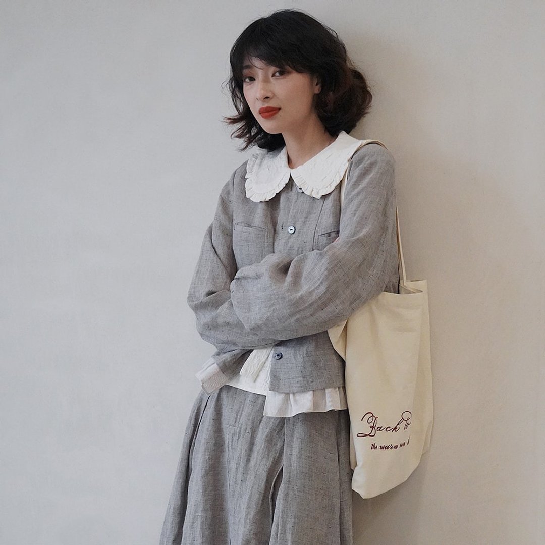 烟灰色拼接亚麻衬衫外套|外套|春款|亚麻|Sora-706 - 女装衬衫 - 棉 灰色