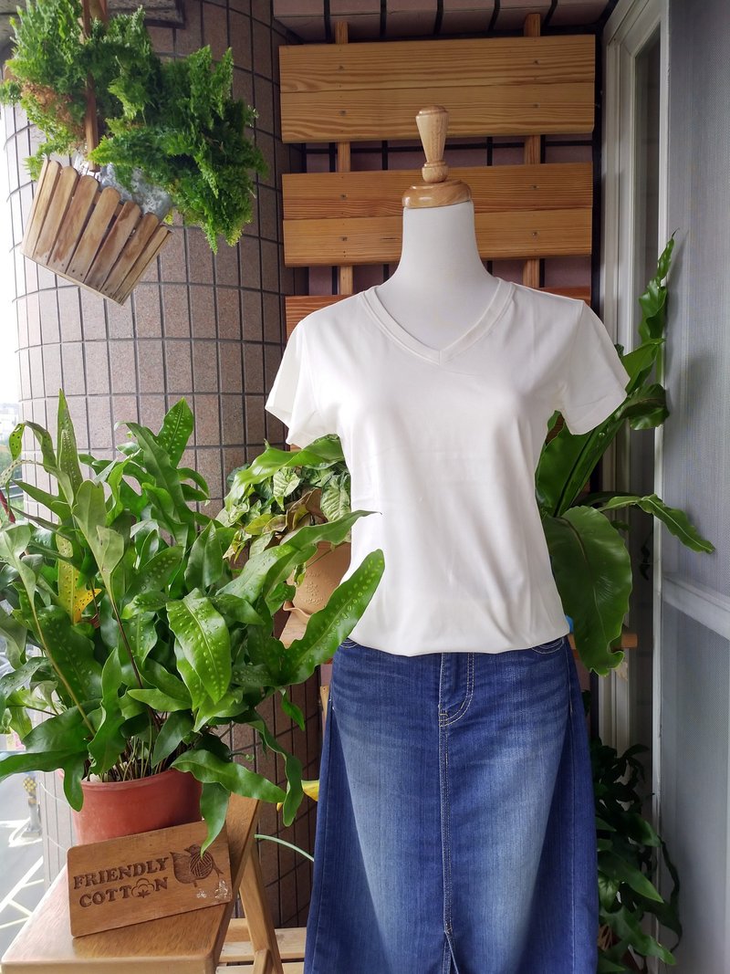 100%有机棉短袖V领 成人T~回归初心系列~纯棉舒适透气 - 女装 T 恤 - 棉．麻 白色