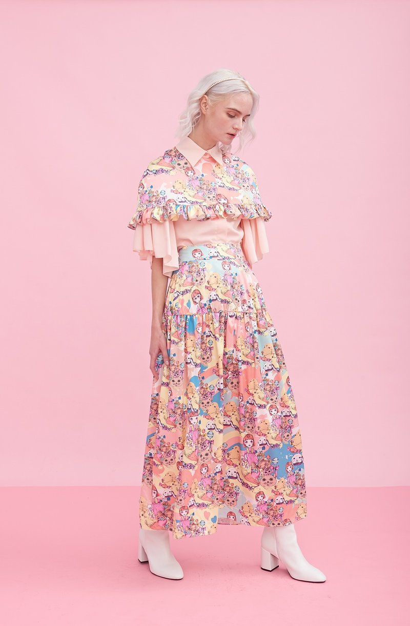 粉色动物图案半截长裙 - 裙子 - 聚酯纤维 粉红色