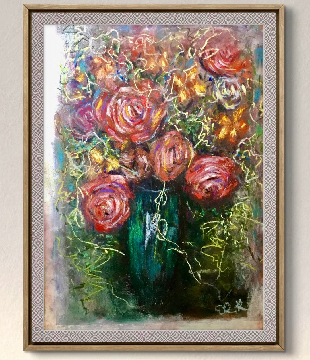 《Firesoft Roses》– 原创软质粉彩花卉画 25 × 35 厘米 - 墙贴/壁贴 - 纸 红色